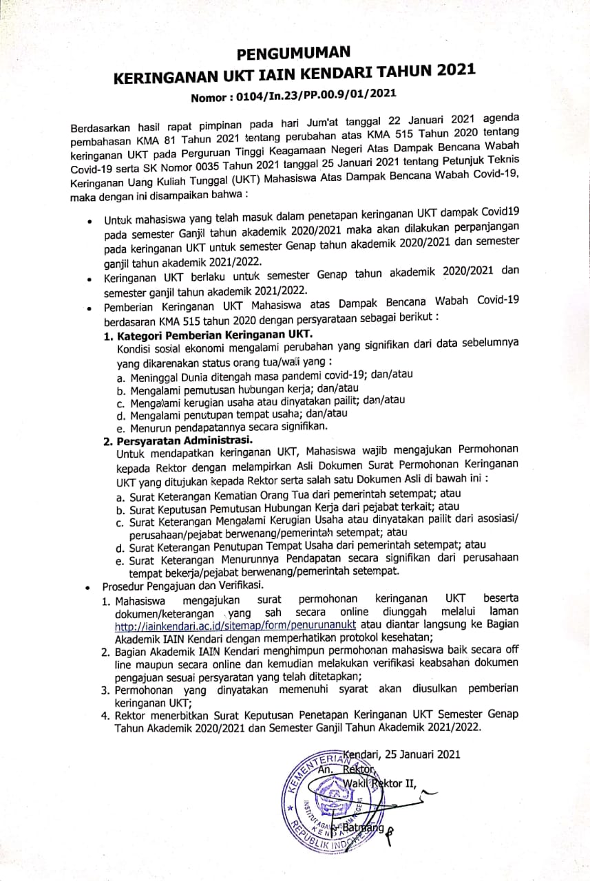 PENGUMUMAN  KERINGANAN UKT IAIN KENDARI TAHUN 2021